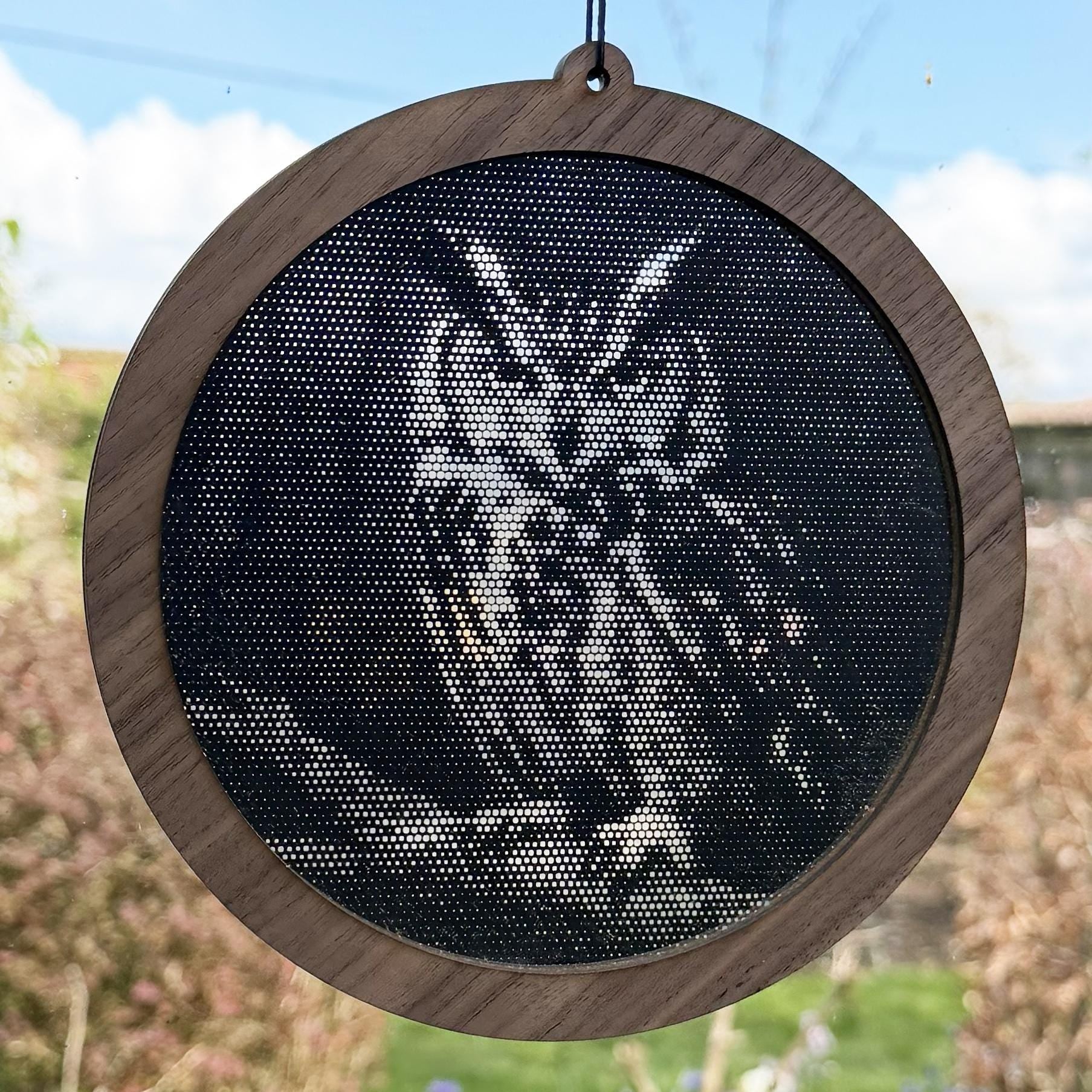Owl Stipple Art Window Hanging, Modern Walnut & Mirrored Glass Suncatcher
