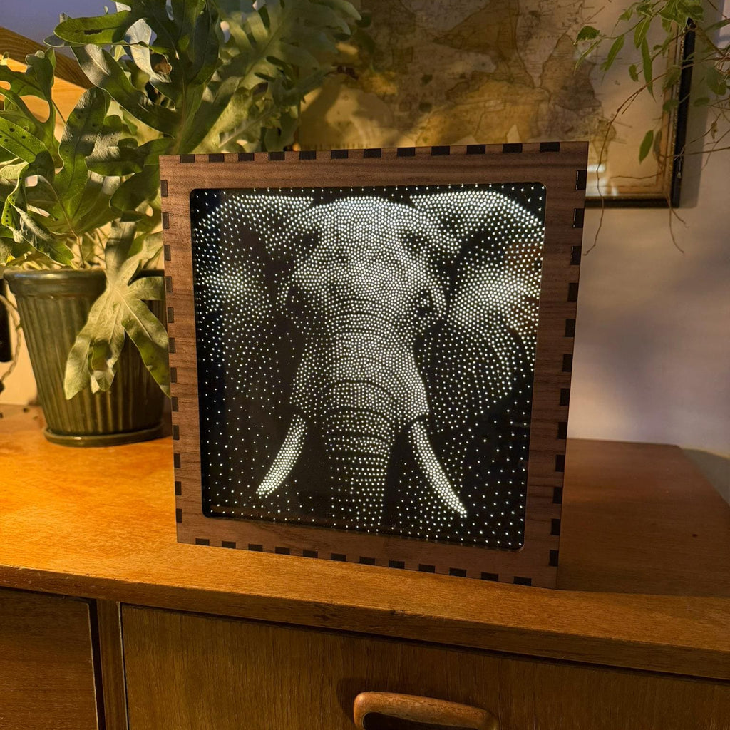 Elephant Stipple Light Box | Walnut Veneer Dimmable Mood Light | Table or Wall Light | Handmade in Somerset UK
