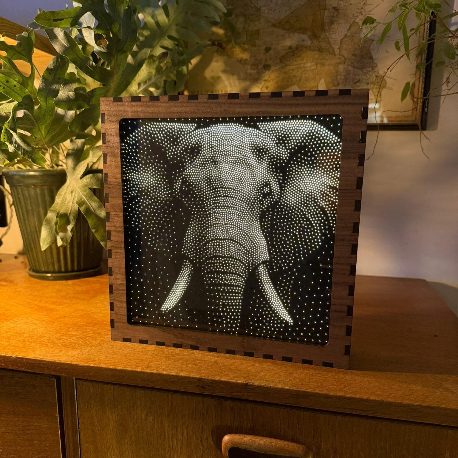 Elephant Stipple Light Box | Walnut Veneer Dimmable Mood Light | Table or Wall Light | Handmade in Somerset UK