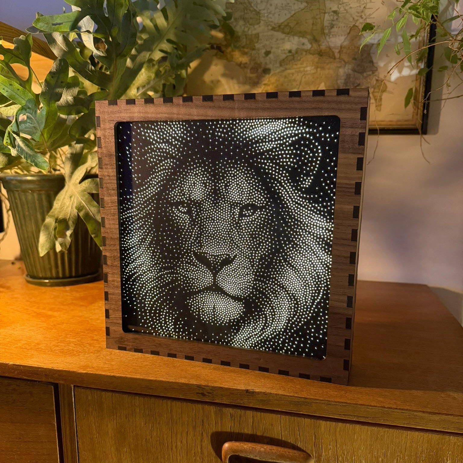 Lion Stipple Light Box | Walnut Veneer Dimmable Mood Light | Table or Wall Light | Handmade in Somerset UK