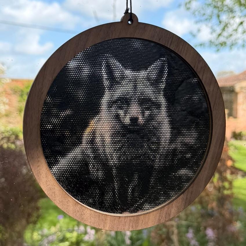 Fox Stipple Art Window Hanging, Modern Walnut & Mirrored Glass Suncatcher