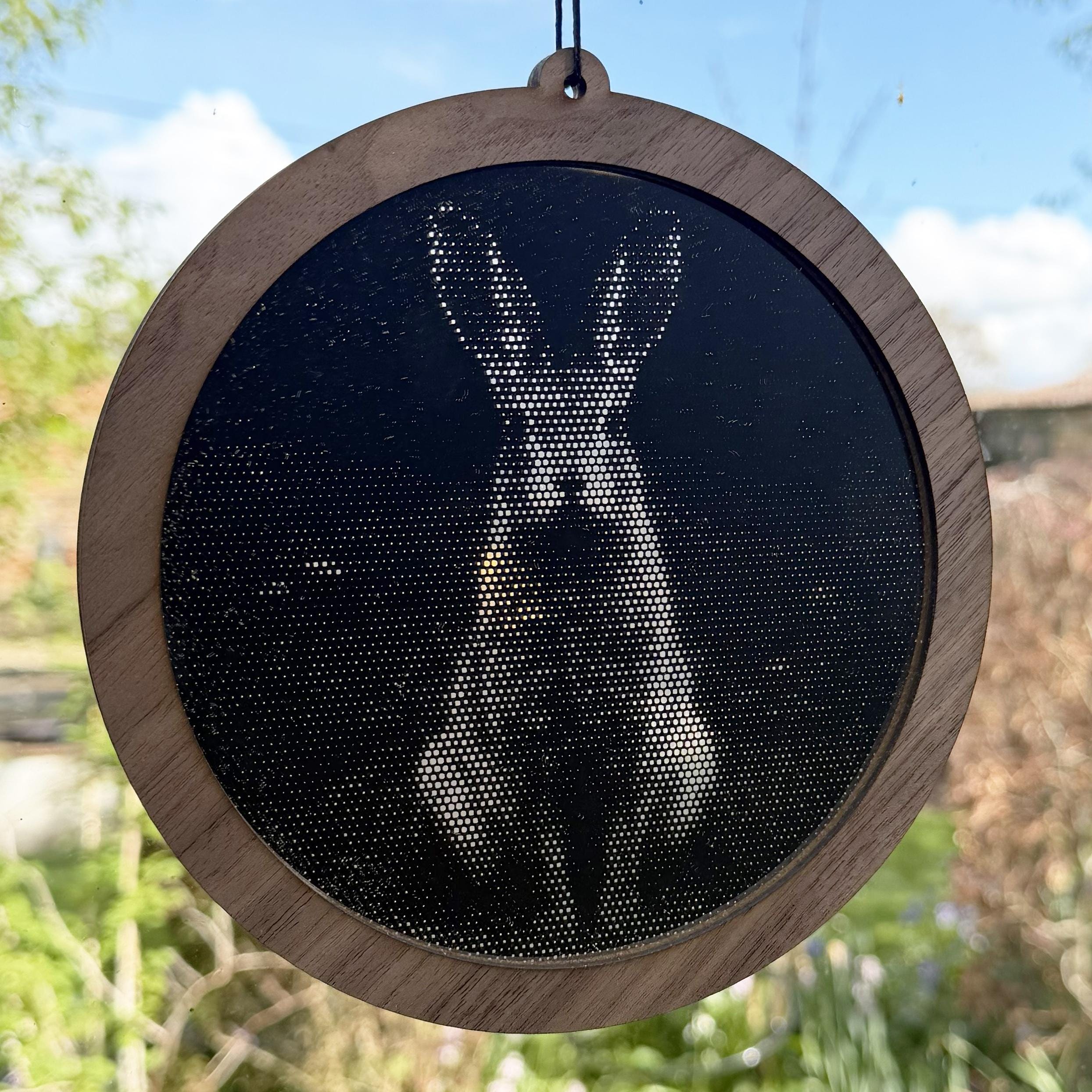 Hare Stipple Art Window Hanging, Modern Walnut & Mirrored Glass Suncatcher
