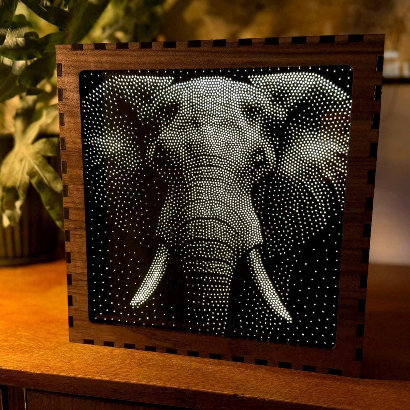 Elephant Stipple Light Box | Walnut Veneer Dimmable Mood Light | Table or Wall Light | Handmade in Somerset UK