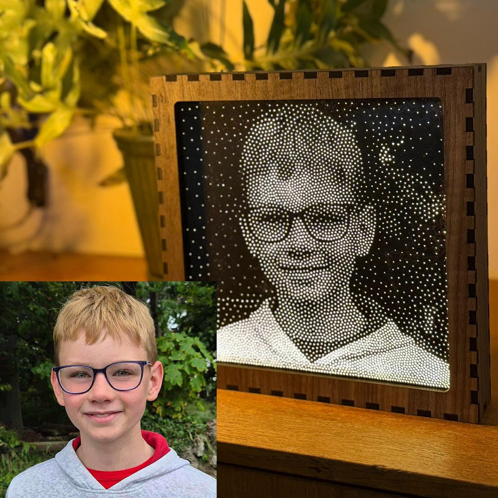 Custom Stipple Art Light Box from Your Photo | Personalised LED Lamp | Walnut Veneer Lightbox | Handmade in UK