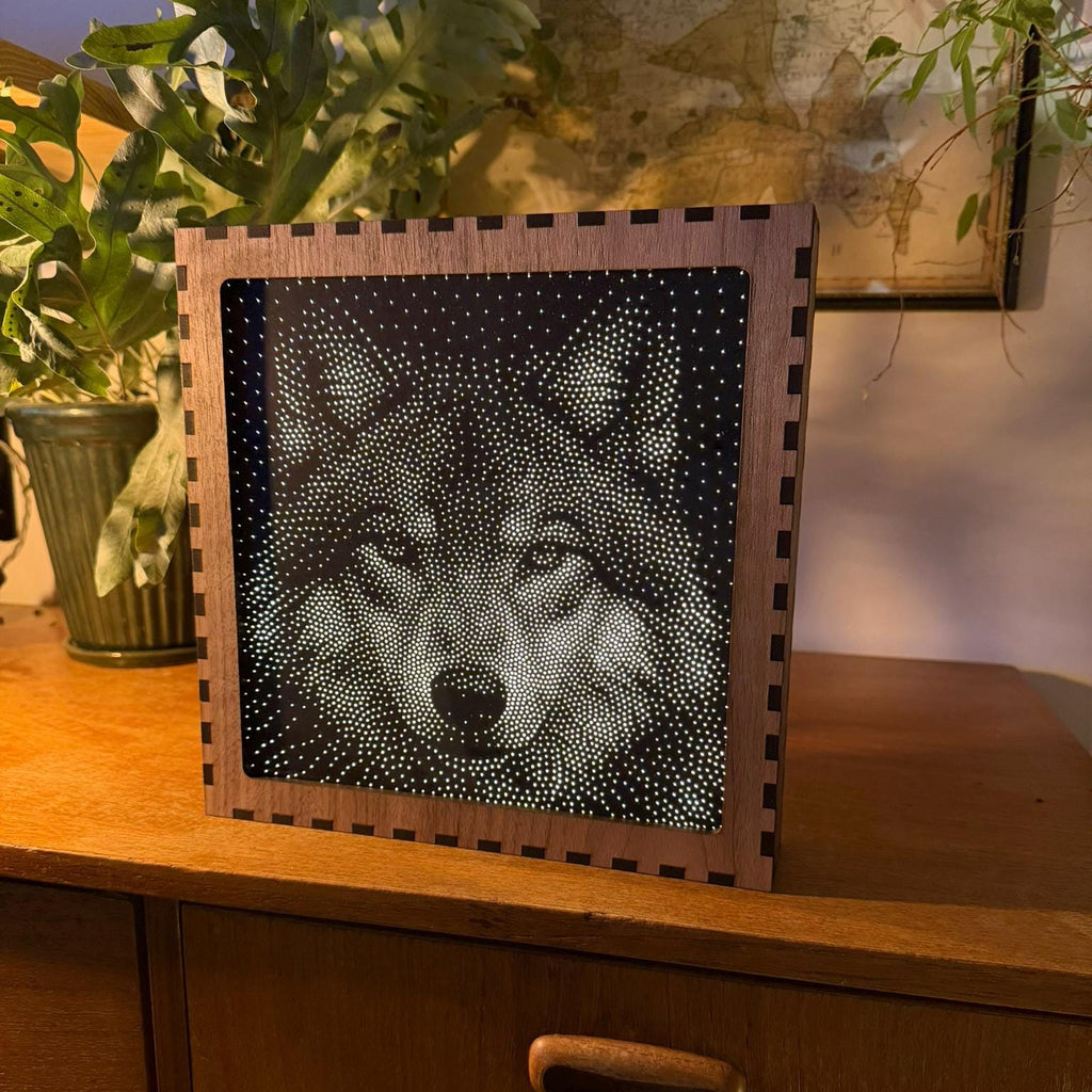 Wolf Stipple Light Box | Walnut Veneer Dimmable Mood Light | Table or Wall Light | Handmade in Somerset UK