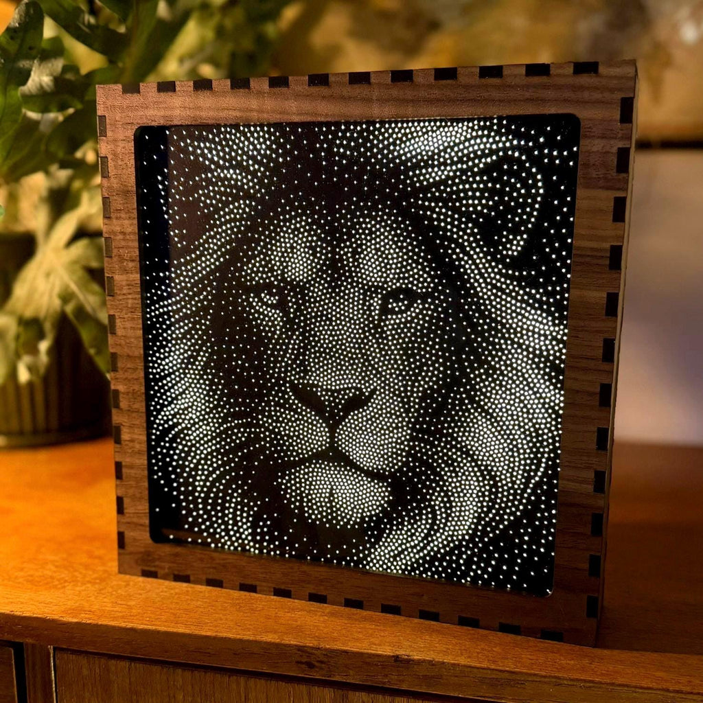 Lion Stipple Light Box | Walnut Veneer Dimmable Mood Light | Table or Wall Light | Handmade in Somerset UK