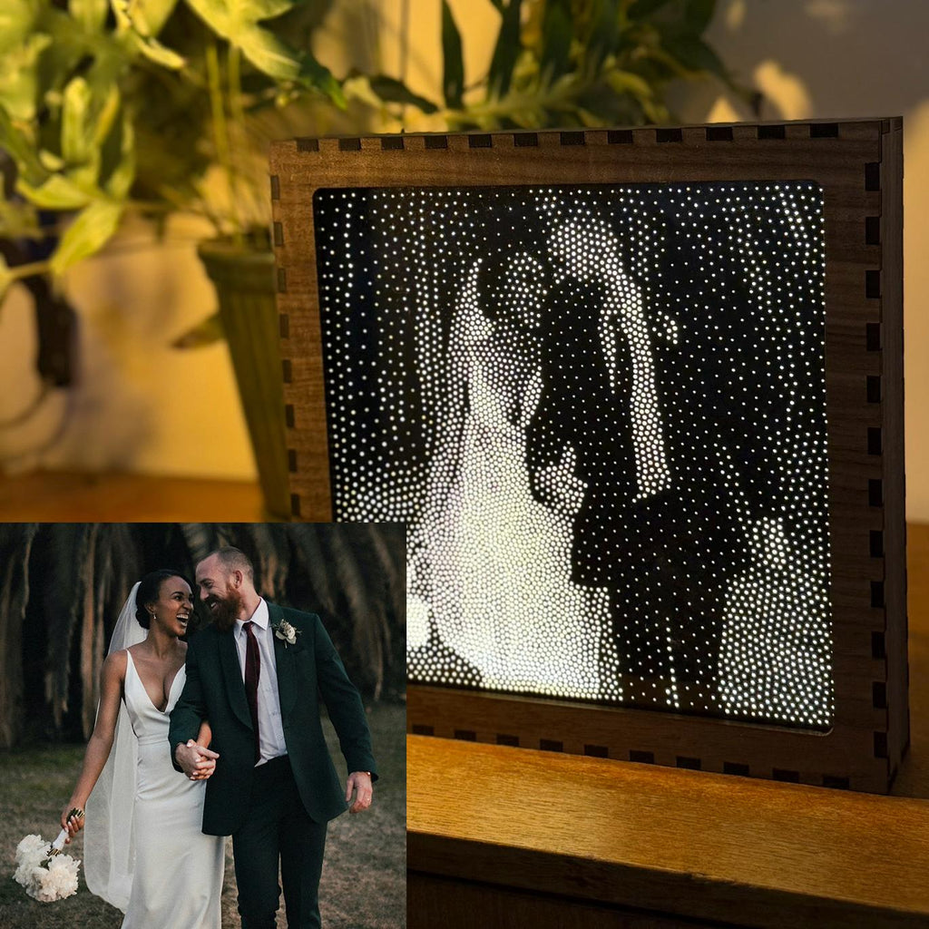 Custom Stipple Art Light Box from Your Photo | Personalised LED Lamp | Walnut Veneer Lightbox | Handmade in UK