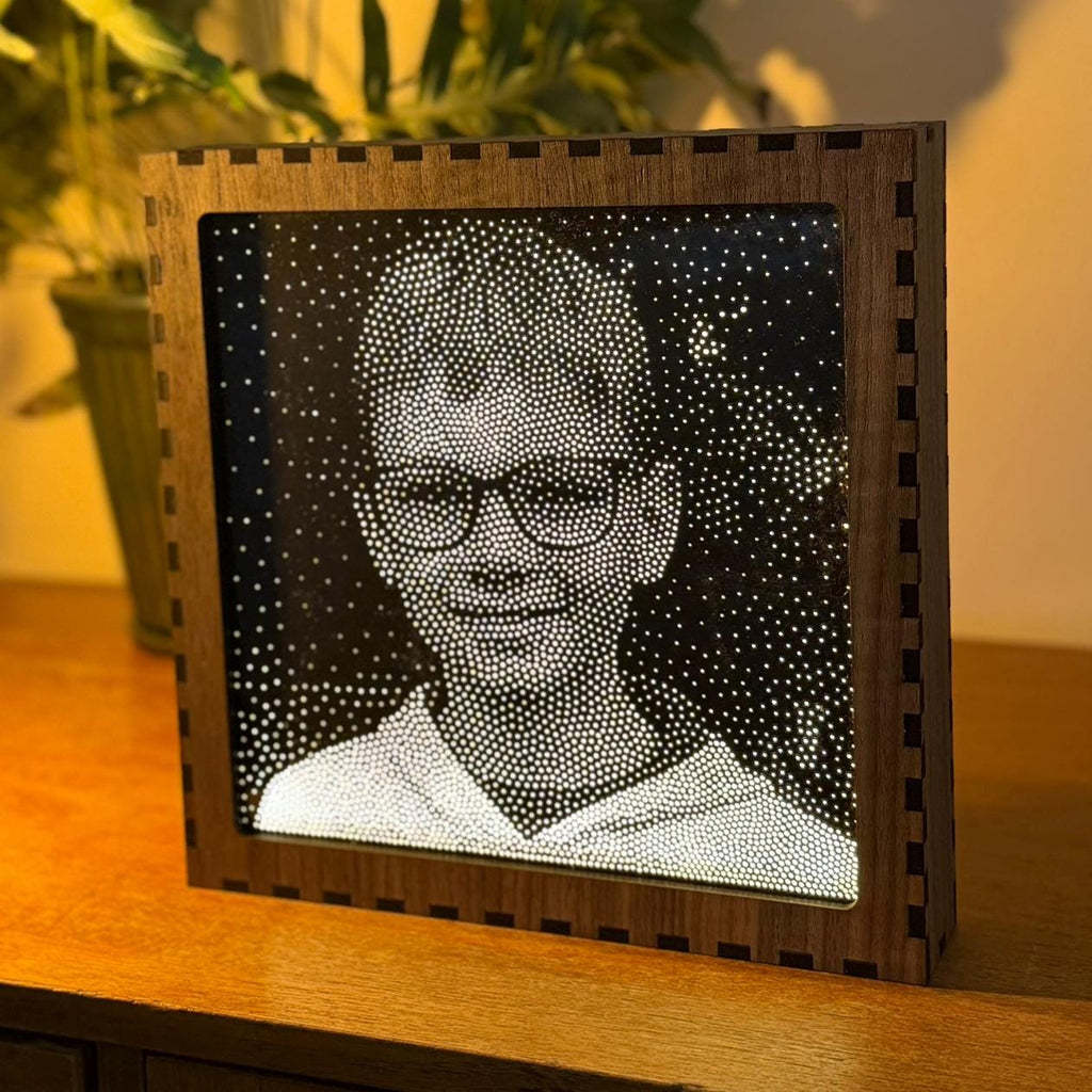 Custom Stipple Art Light Box from Your Photo | Personalised LED Lamp | Walnut Veneer Lightbox | Handmade in UK