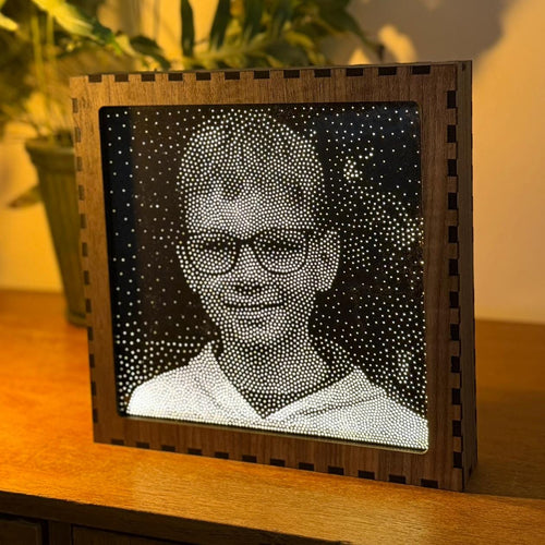 Custom Stipple Art Light Box from Your Photo | Personalised LED Lamp | Walnut Veneer Lightbox | Handmade in UK