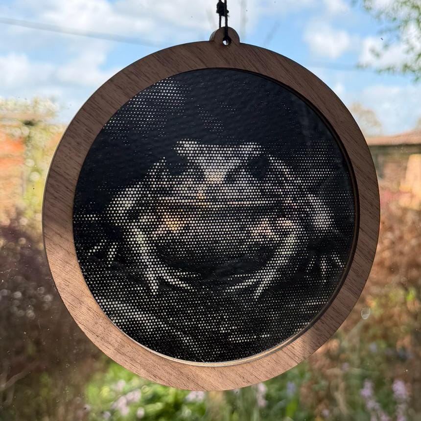 Toad Stipple Art Window Hanging, Modern Walnut & Mirrored Glass Suncatcher