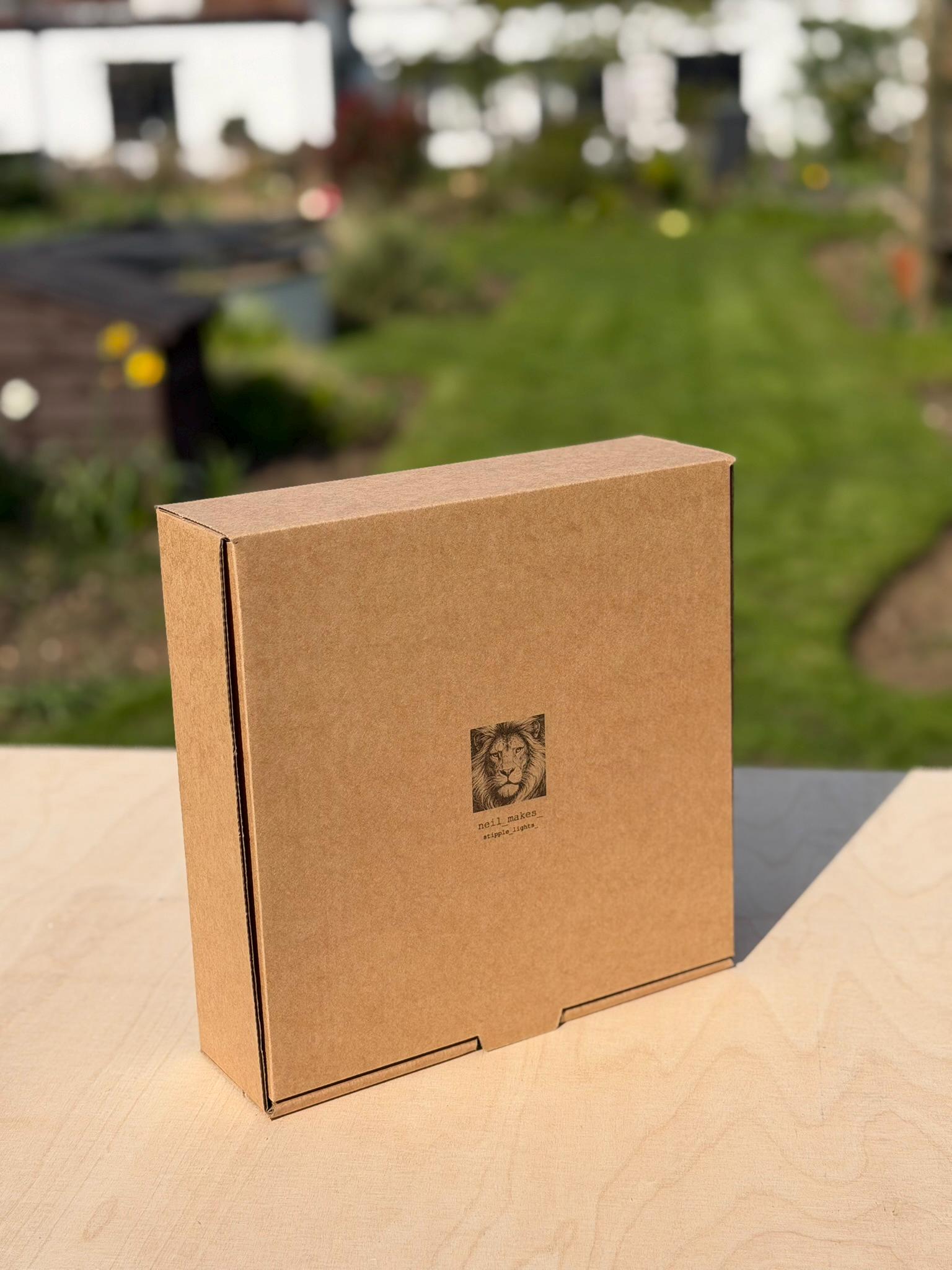 Lion Stipple Light Box | Walnut Veneer Dimmable Mood Light | Table or Wall Light | Handmade in Somerset UK