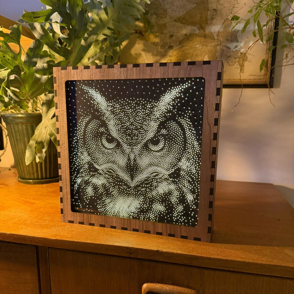 Owl Stipple Light Box | Walnut Veneer Dimmable Mood Light | Table or Wall Light | Handmade in Somerset UK