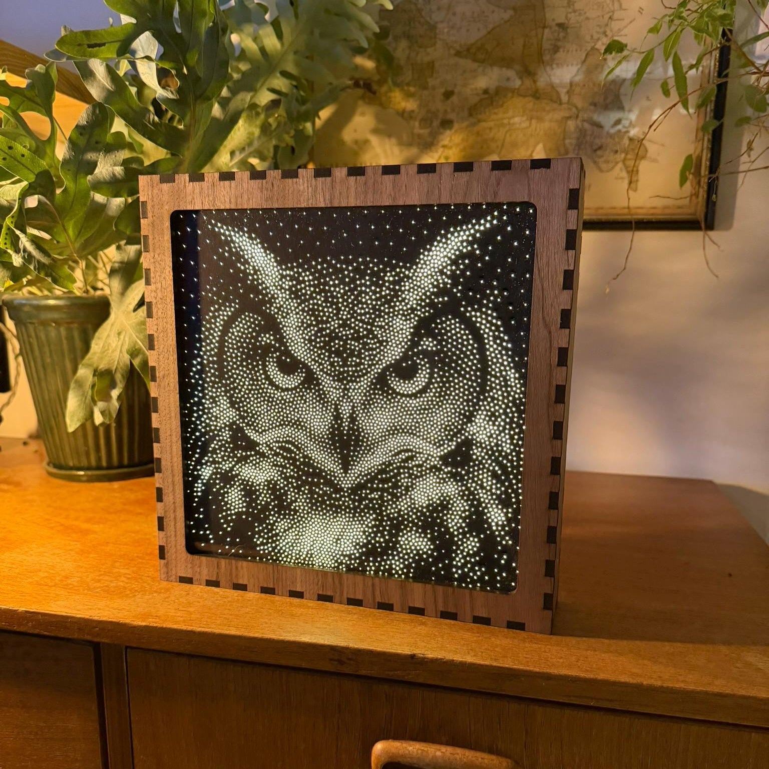 Owl Stipple Light Box | Walnut Veneer Dimmable Mood Light | Table or Wall Light | Handmade in Somerset UK