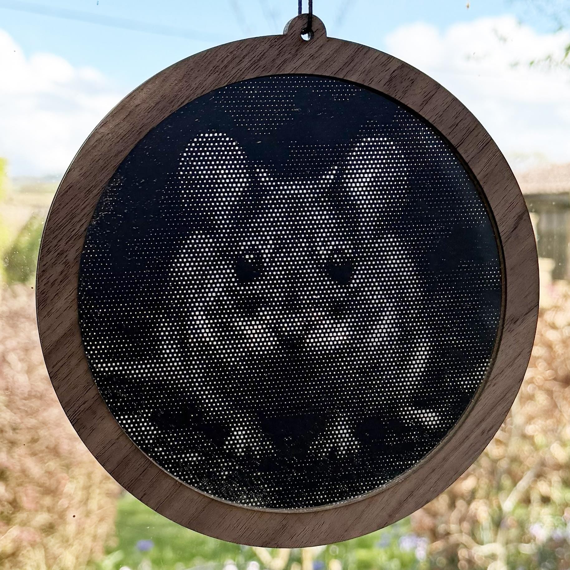 Mouse Stipple Art Window Hanging, Modern Walnut & Mirrored Glass Suncatcher