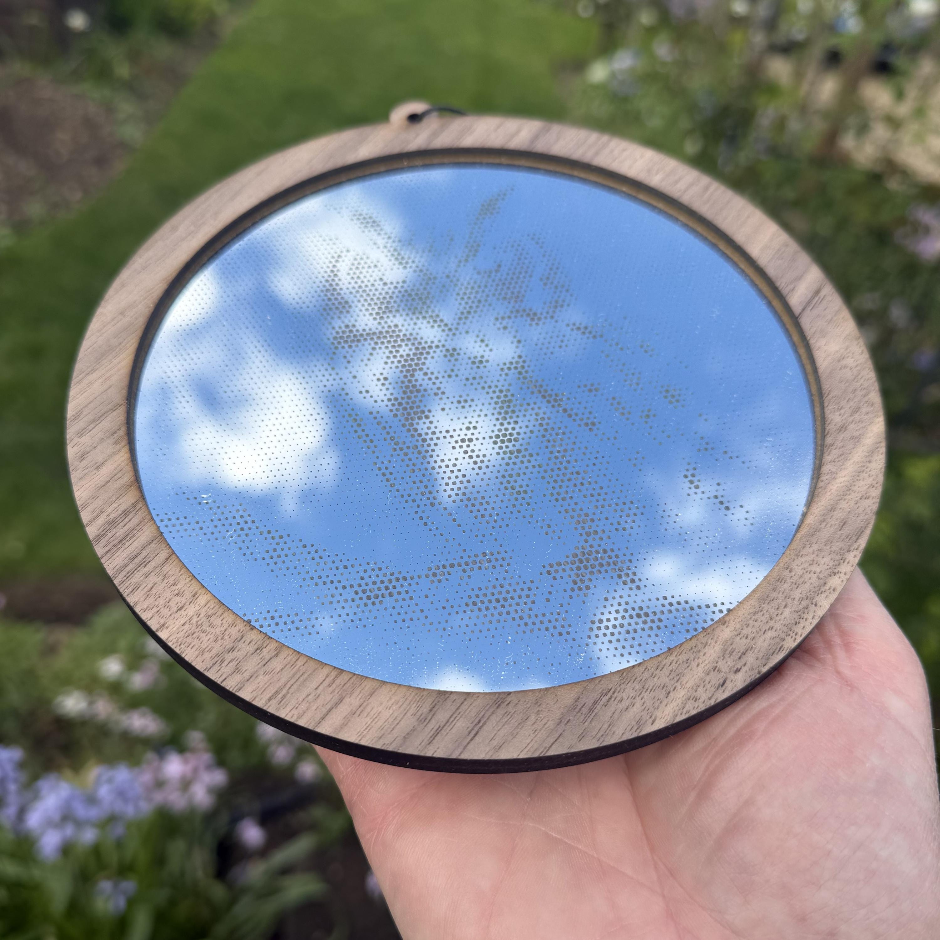 Owl Stipple Art Window Hanging, Modern Walnut & Mirrored Glass Suncatcher