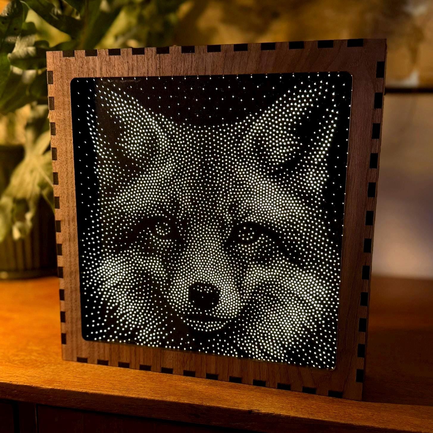Fox Stipple Light Box | Walnut Veneer Dimmable Mood Light | Table or Wall Light | Handmade in Somerset UK