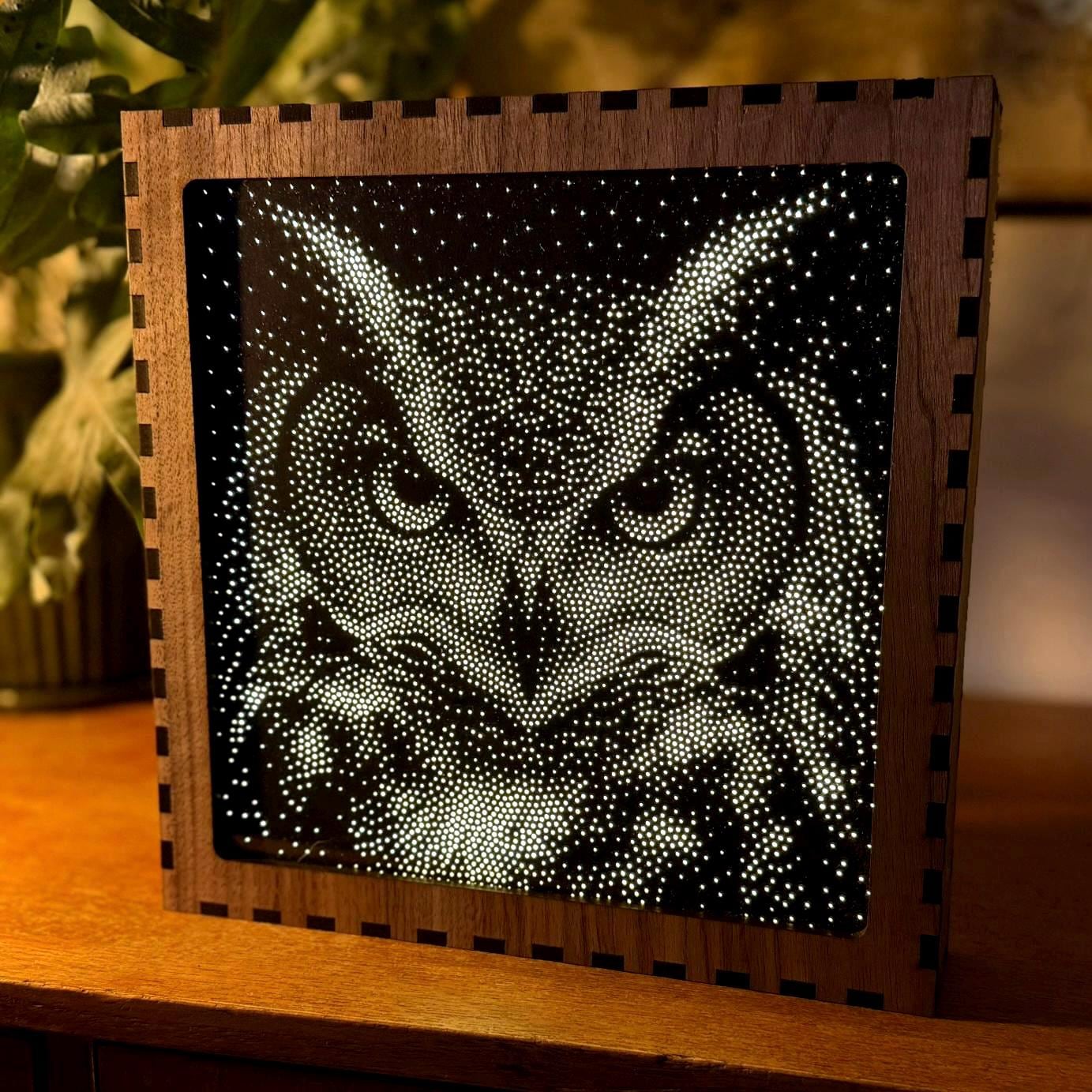 Owl Stipple Light Box | Walnut Veneer Dimmable Mood Light | Table or Wall Light | Handmade in Somerset UK