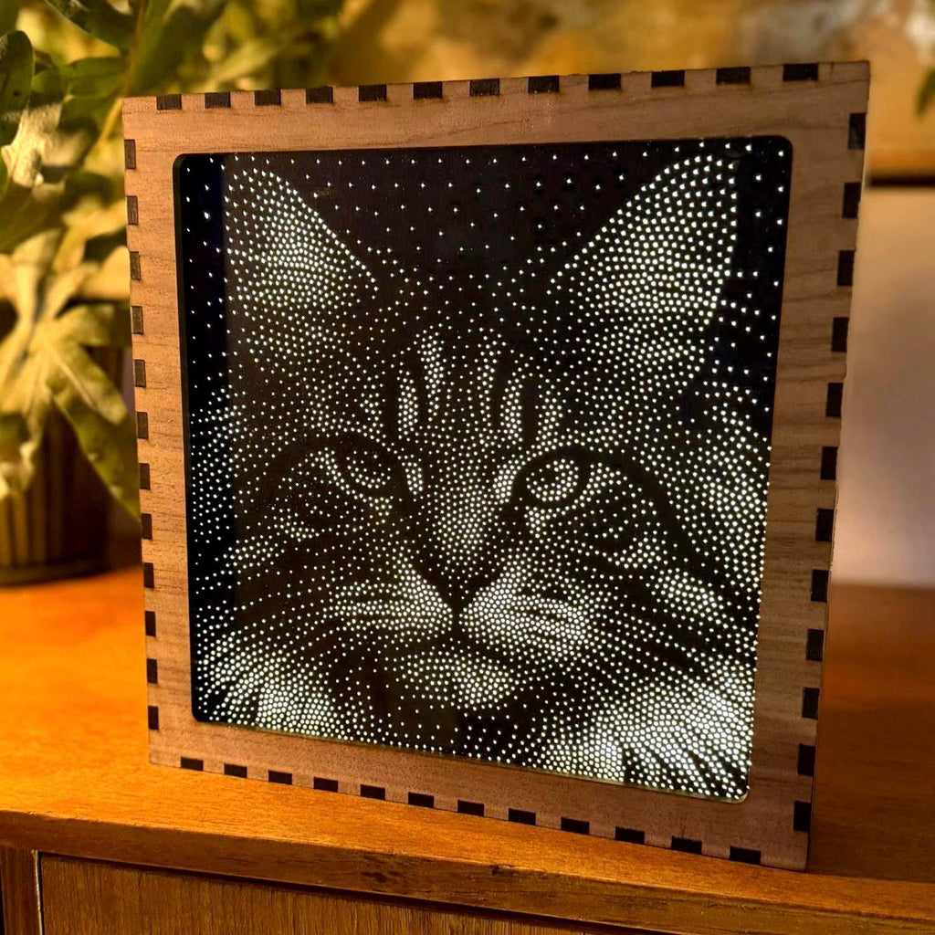 Cat Stipple Light Box | Walnut Veneer Dimmable Mood Light | Table or Wall Light | Handmade in Somerset UK