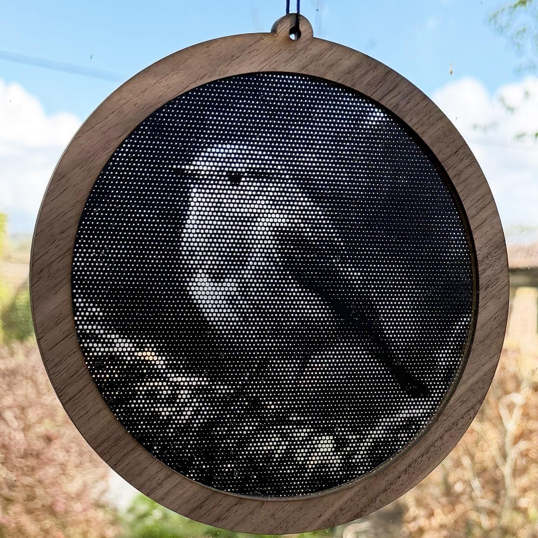Robin Bird Stipple Art Window Hanging, Modern Walnut & Mirrored Glass Suncatcher