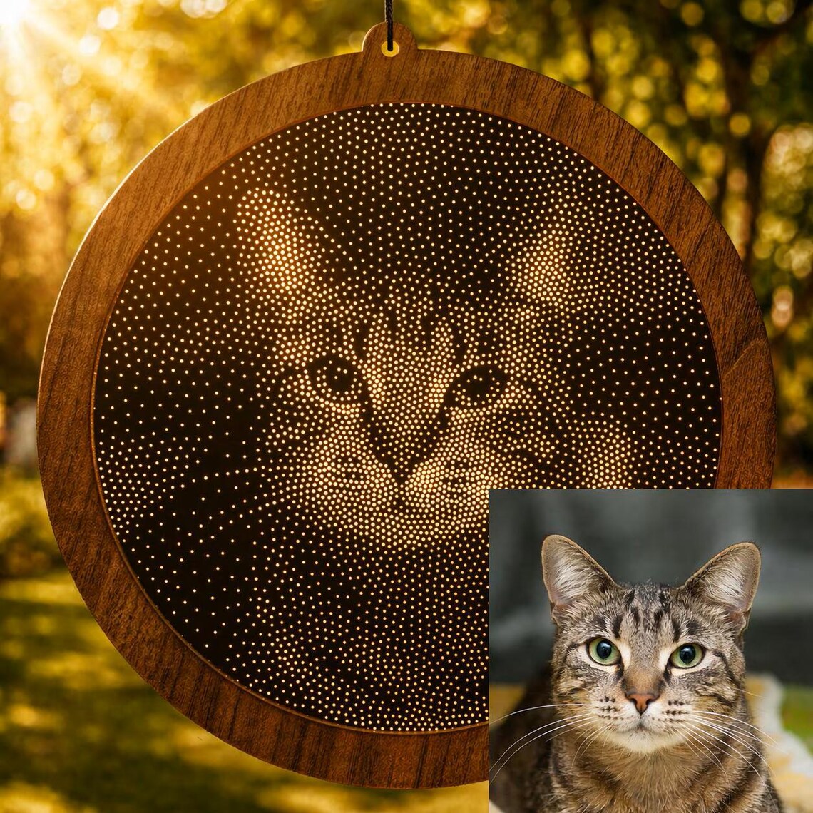 Custom Photo Suncatcher, Stipple Art Modern Mirror & Walnut Window Hanging