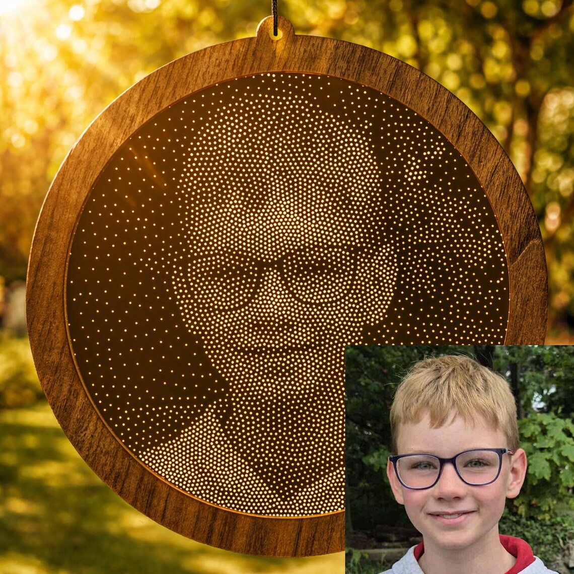 Custom Photo Suncatcher, Stipple Art Modern Mirror & Walnut Window Hanging