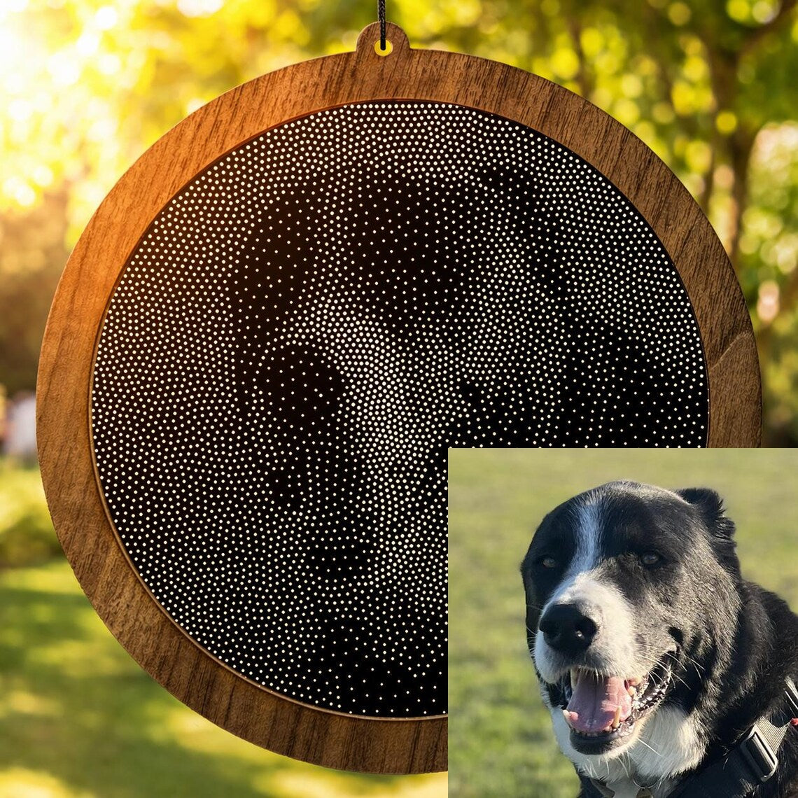 Custom Photo Suncatcher, Stipple Art Modern Mirror & Walnut Window Hanging
