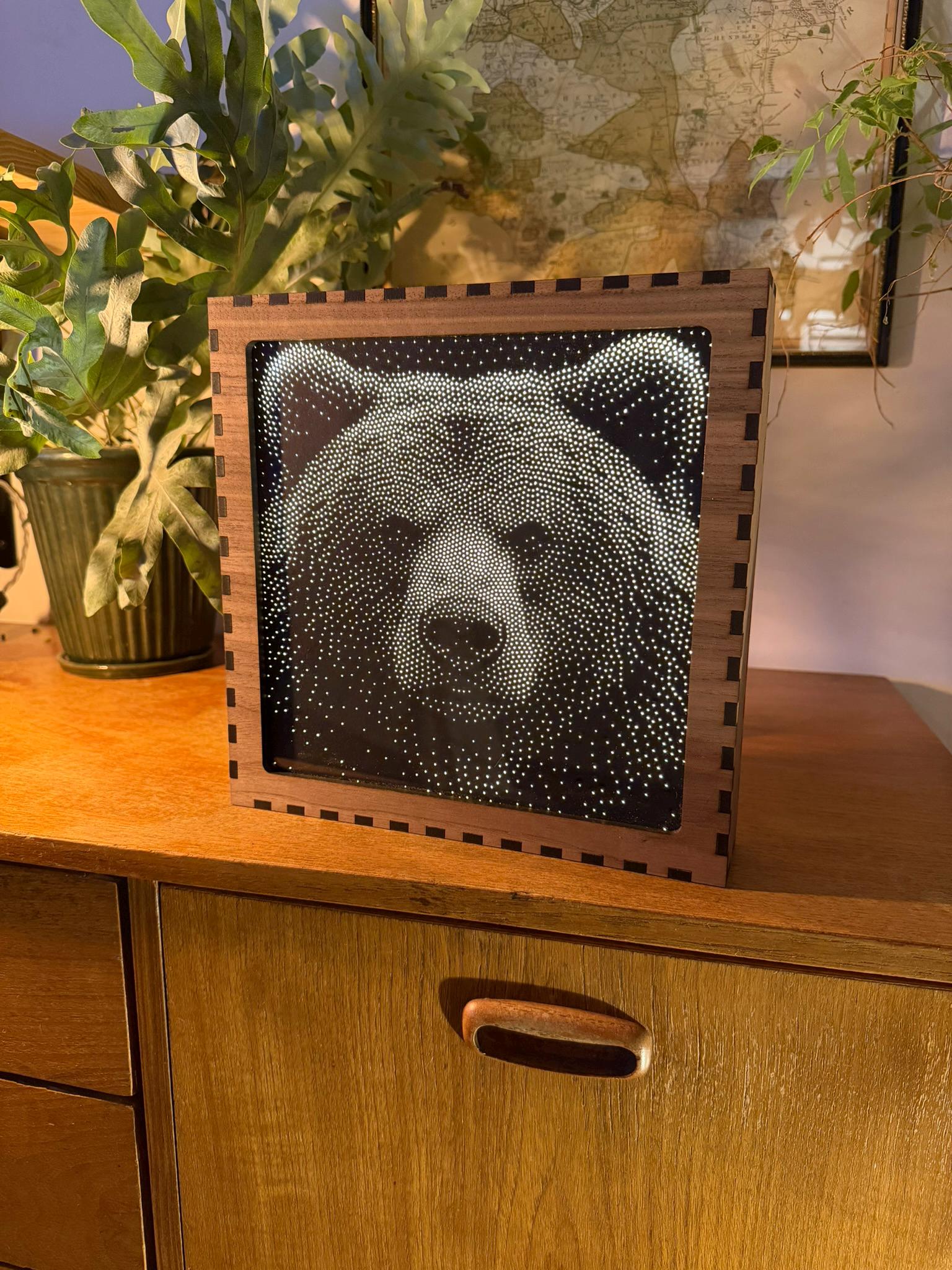 Bear Stipple Mood Lamp | Walnut Shadow Box Light | Handmade UK