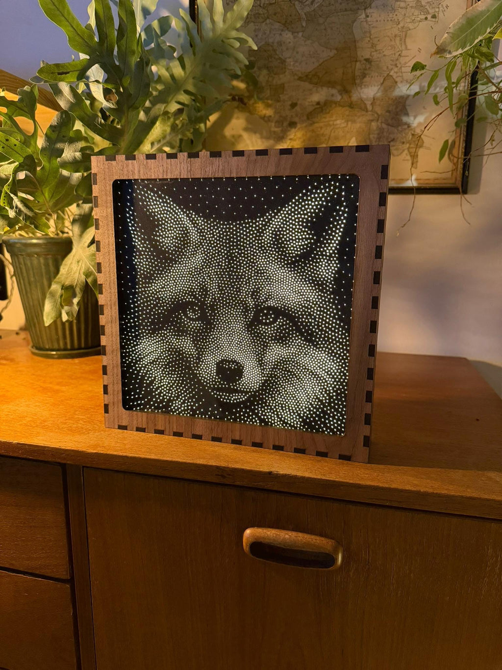 Fox Stipple Mood Lamp | Walnut Shadow Box Light | Handmade UK