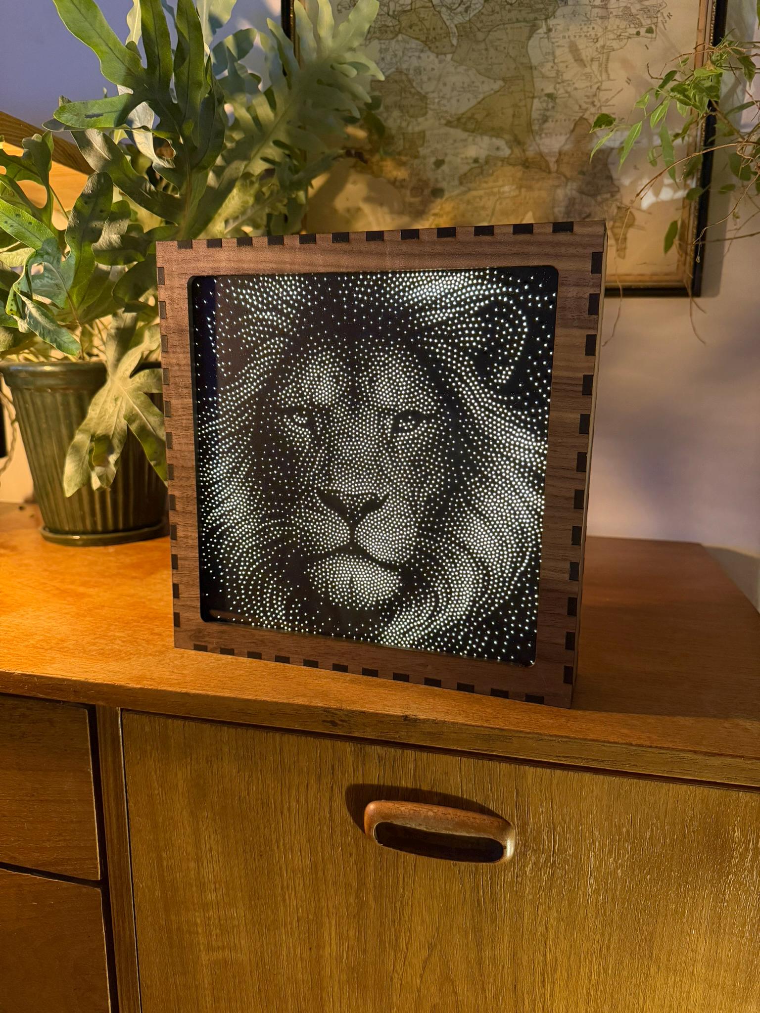 Lion Stipple Mood Lamp | Walnut Shadow Box Light | Handmade UK