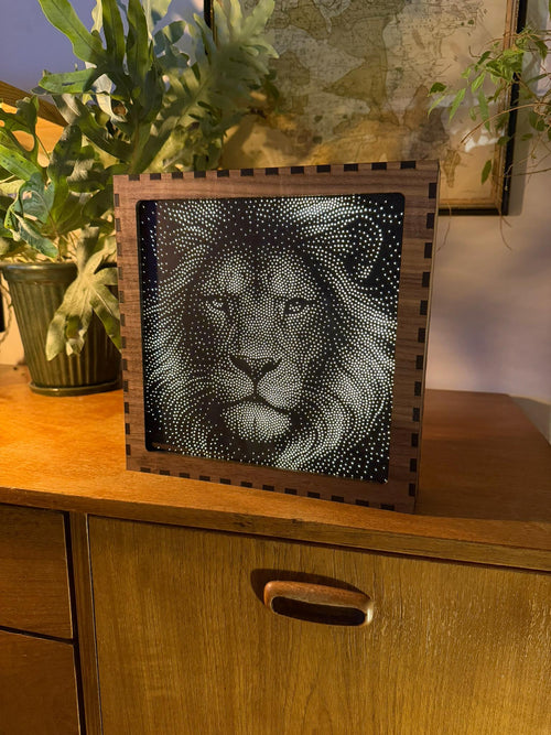 Lion Stipple Mood Lamp | Walnut Shadow Box Light | Handmade UK
