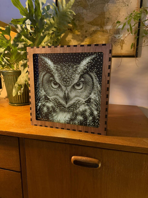 Owl Stipple Mood Lamp | Walnut Shadow Box Light | Handmade UK