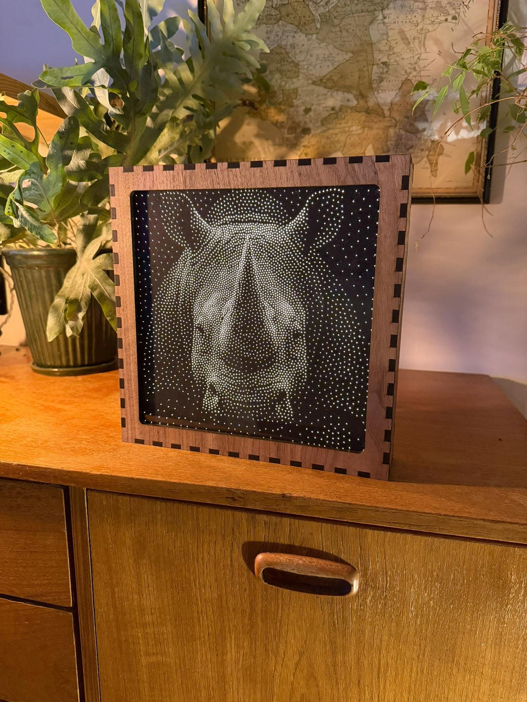 Rhino Stipple Mood Lamp | Walnut Shadow Box Light | Handmade UK
