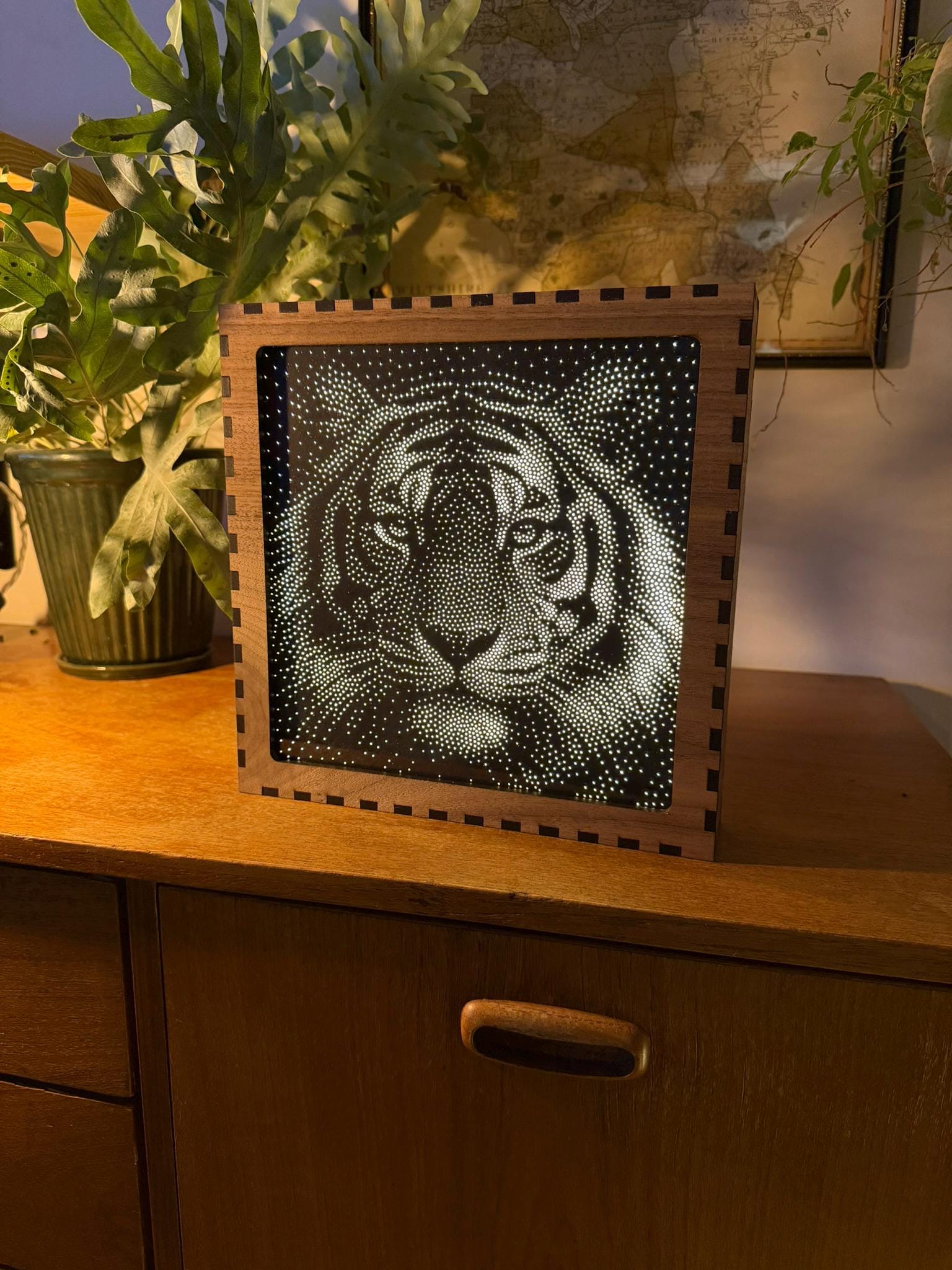 Tiger Stipple Mood Lamp | Walnut Shadow Box Light | Handmade UK