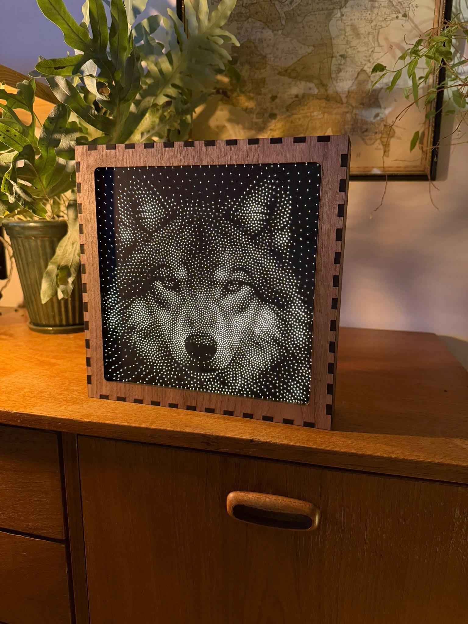 Wolf Stipple Mood Lamp | Walnut Shadow Box Light | Handmade UK