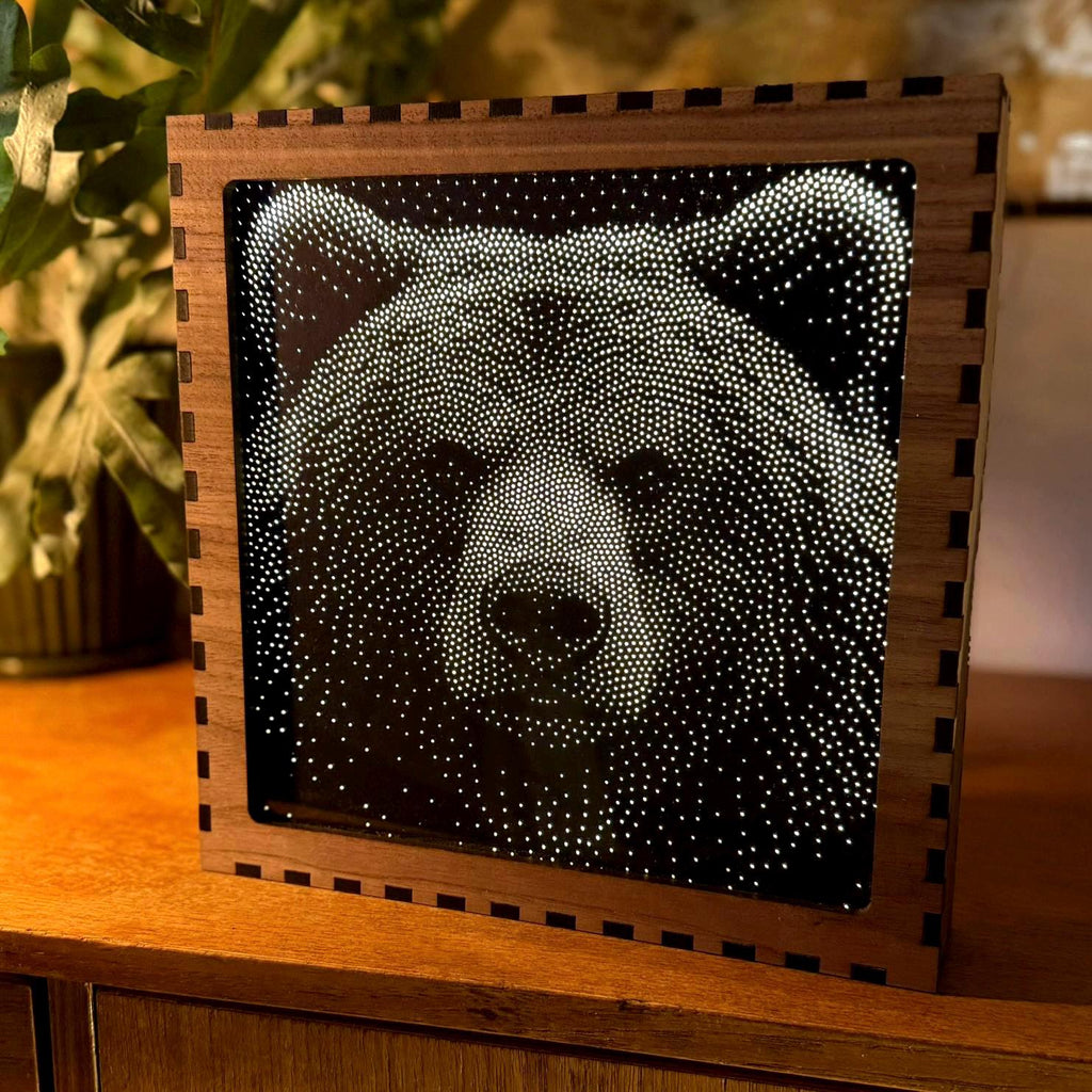 Bear Stipple Mood Lamp | Walnut Shadow Box Light | Handmade UK