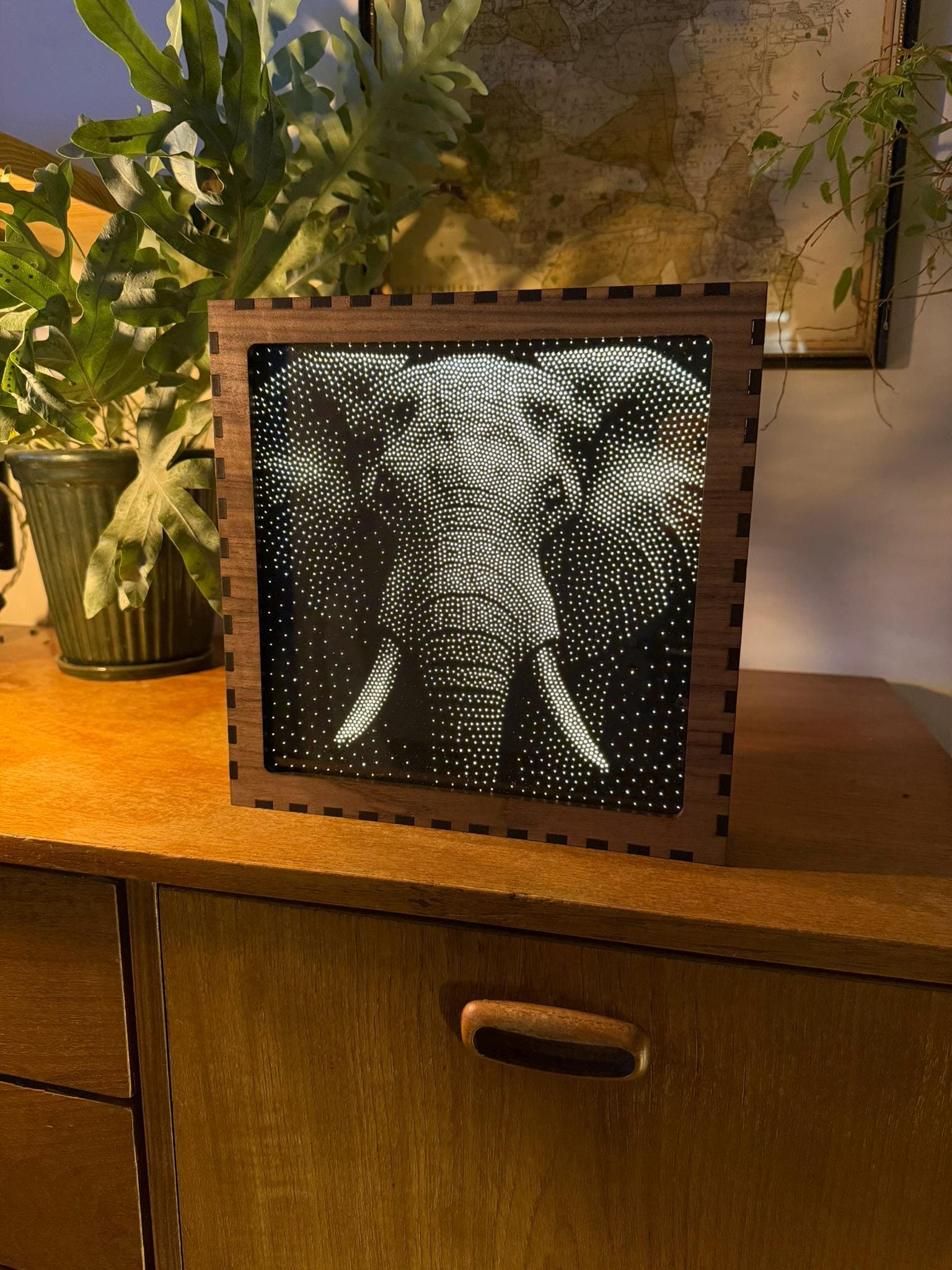Elephant Stipple Mood Lamp | Walnut Shadow Box Light | Handmade UK