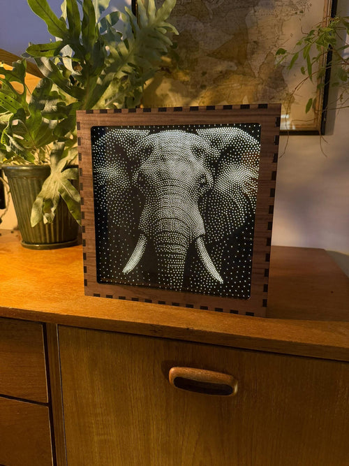 Elephant Stipple Mood Lamp | Walnut Shadow Box Light | Handmade UK