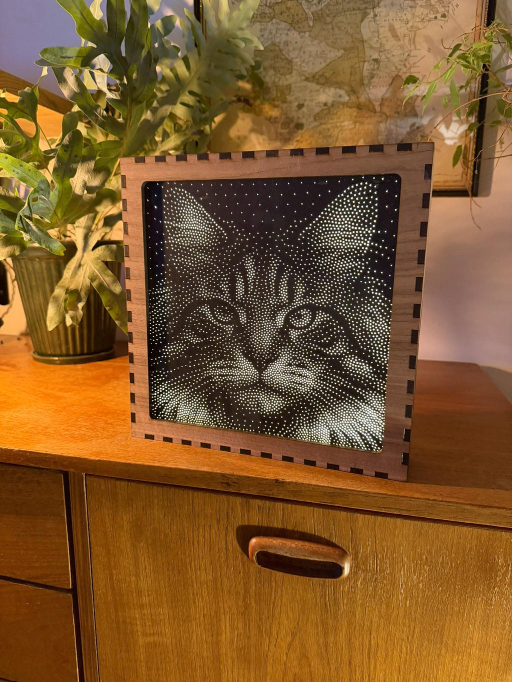 Cat Stipple Mood Lamp | Walnut Shadow Box Light | Handmade UK