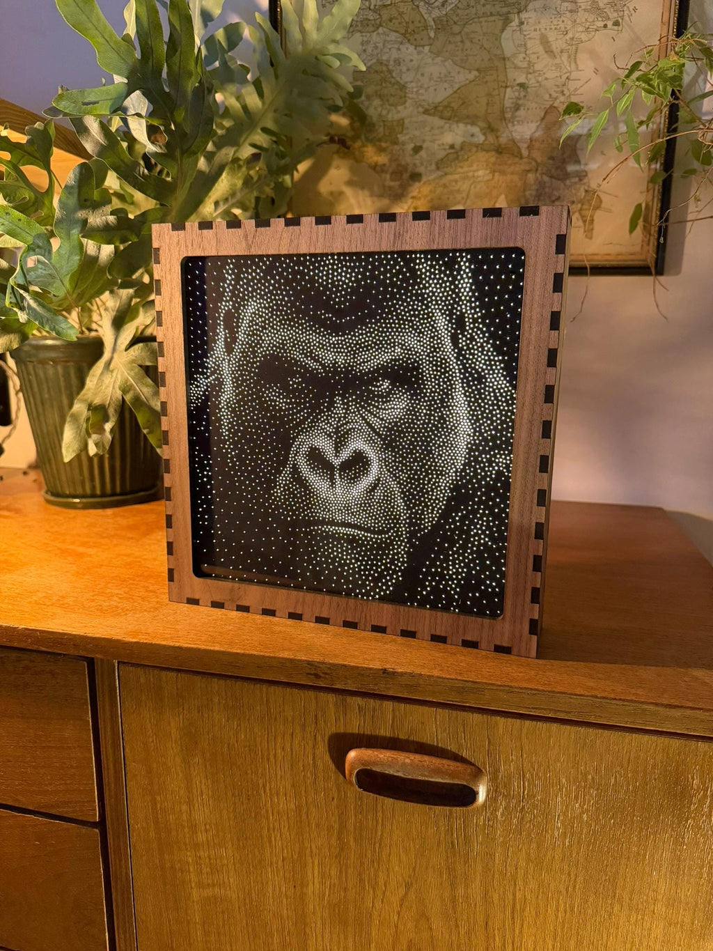 Gorilla Stipple Mood Lamp | Walnut Shadow Box Light | Handmade UK
