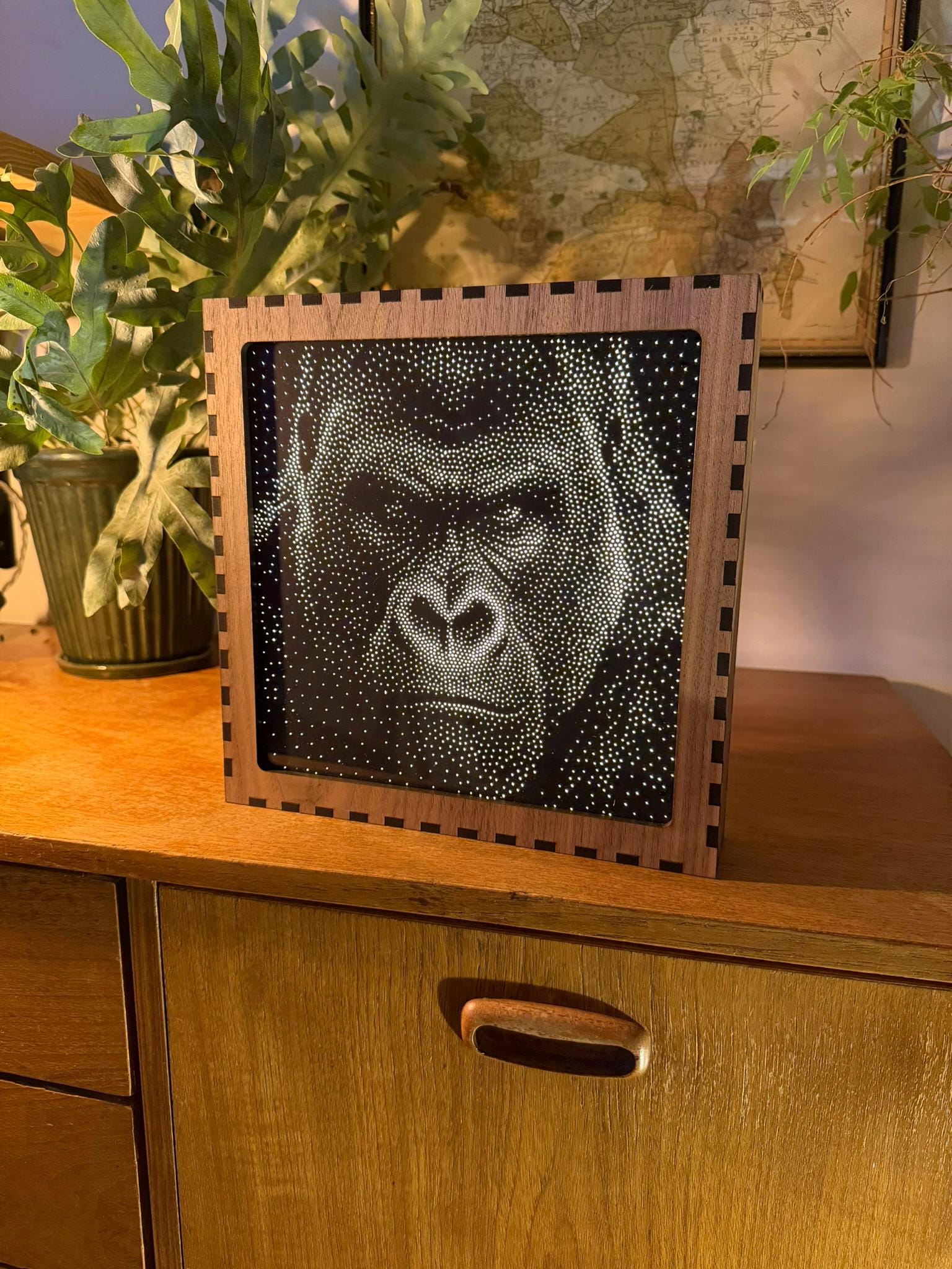 Gorilla Stipple Mood Lamp | Walnut Shadow Box Light | Handmade UK