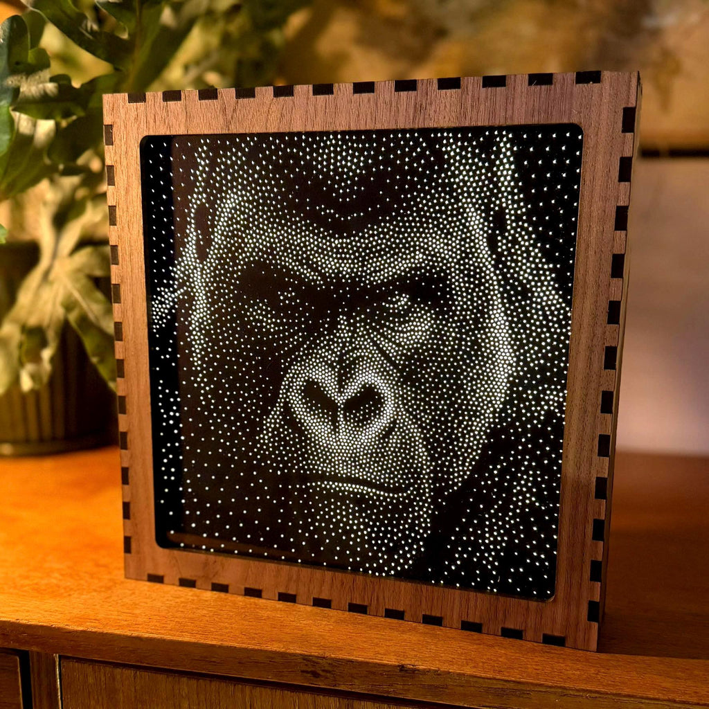 Gorilla Stipple Mood Lamp | Walnut Shadow Box Light | Handmade UK