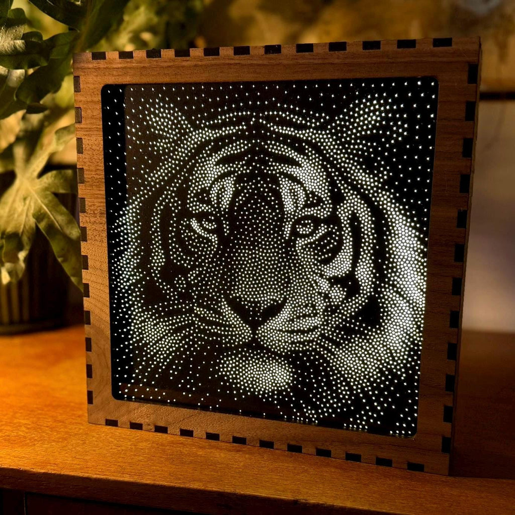 Tiger Stipple Mood Lamp | Walnut Shadow Box Light | Handmade UK
