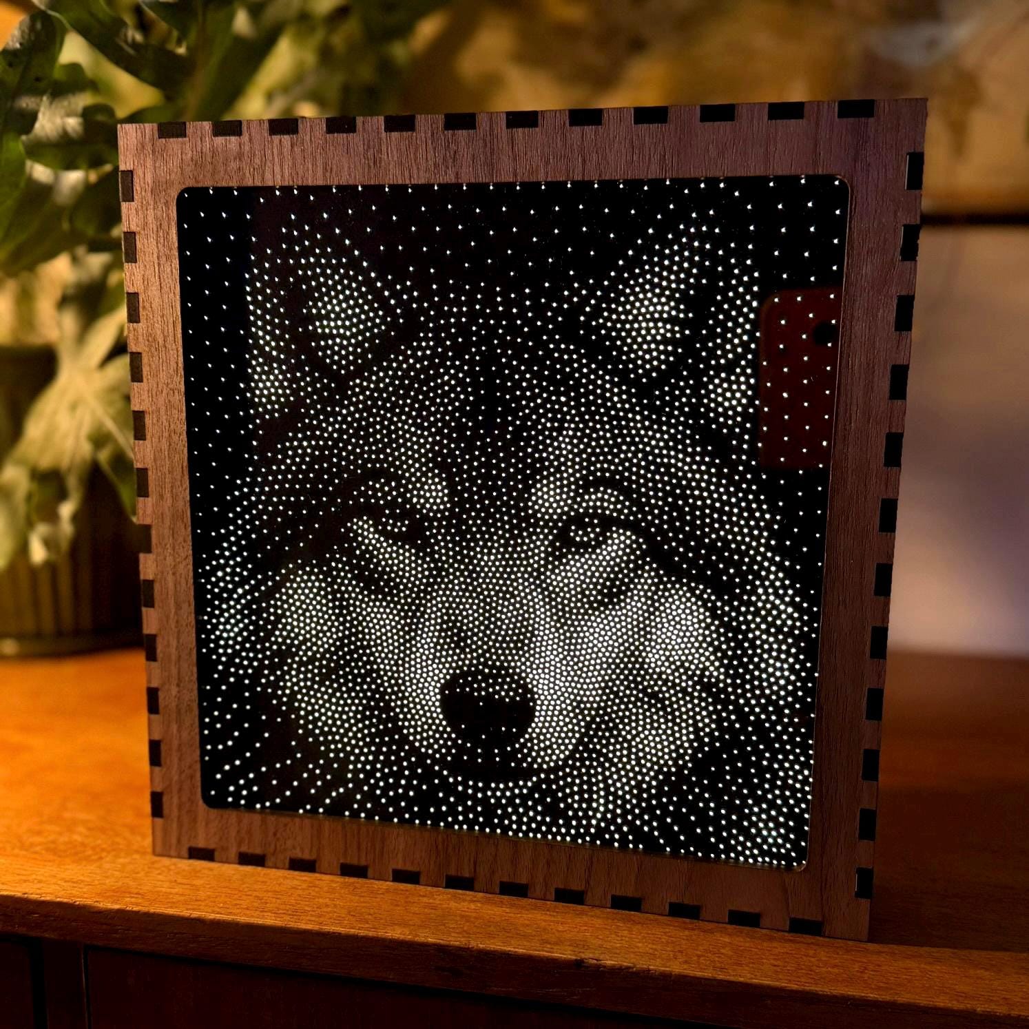 Wolf Stipple Mood Lamp | Walnut Shadow Box Light | Handmade UK