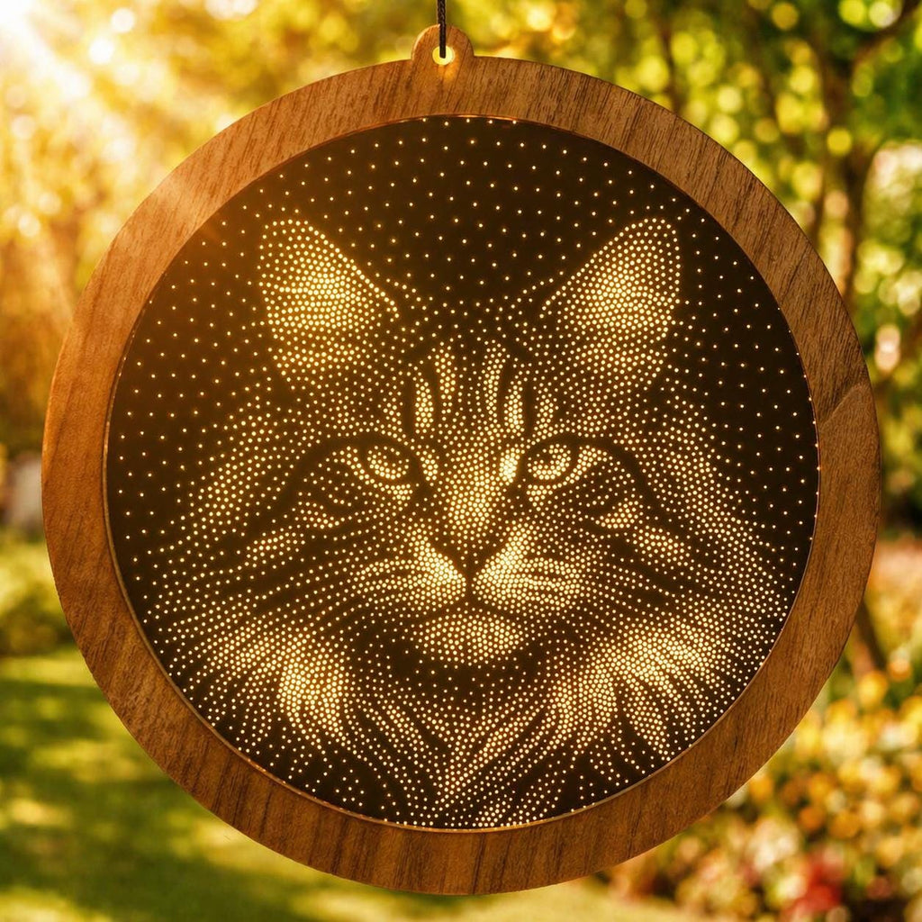 Maine Coon Cat Stipple Art Window Hanging, Modern Mirrored Glass Suncatcher