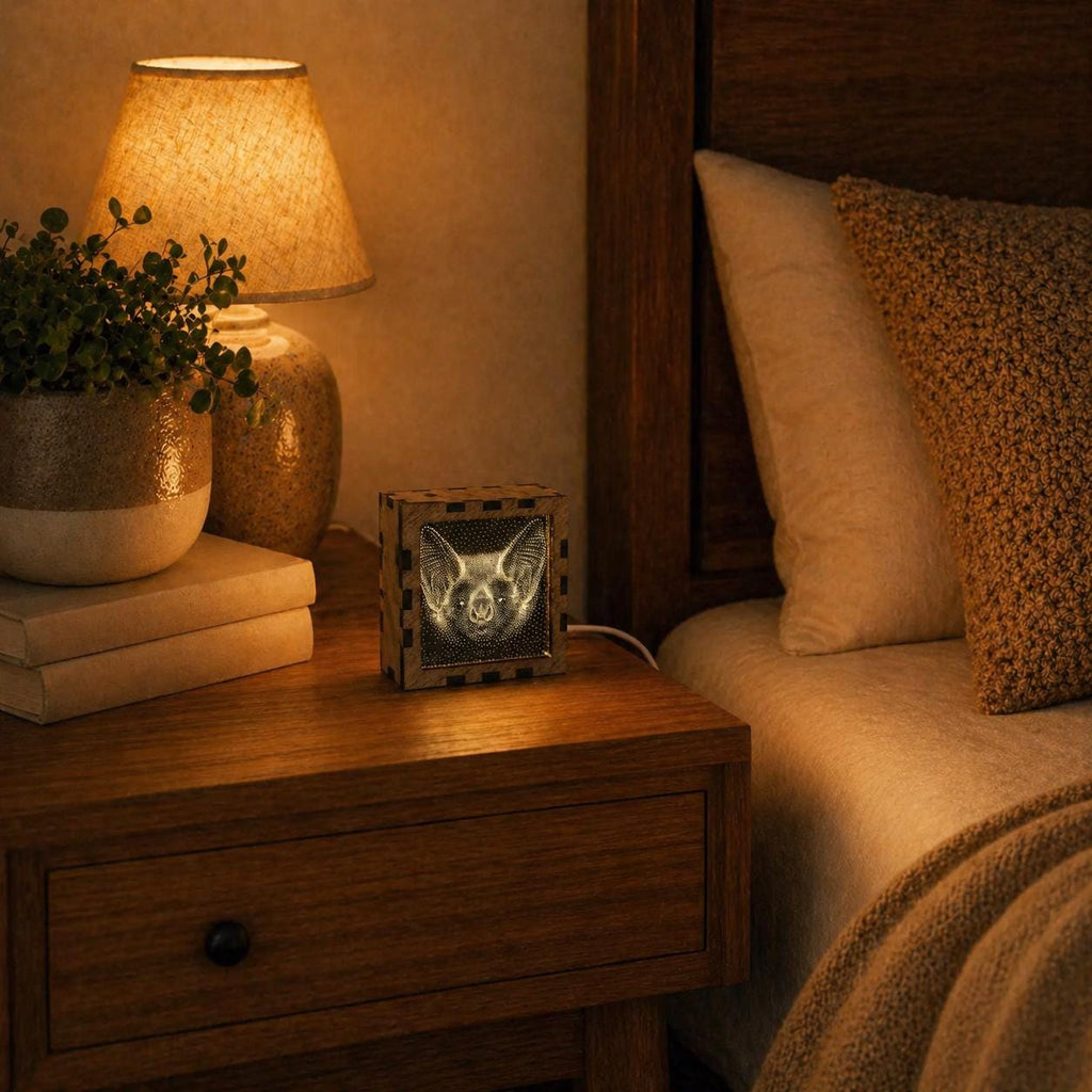 Bat Night Light | Nocturnal Animal Range | Stipple Art Mood Lamp | Wooden USB Bedside Light