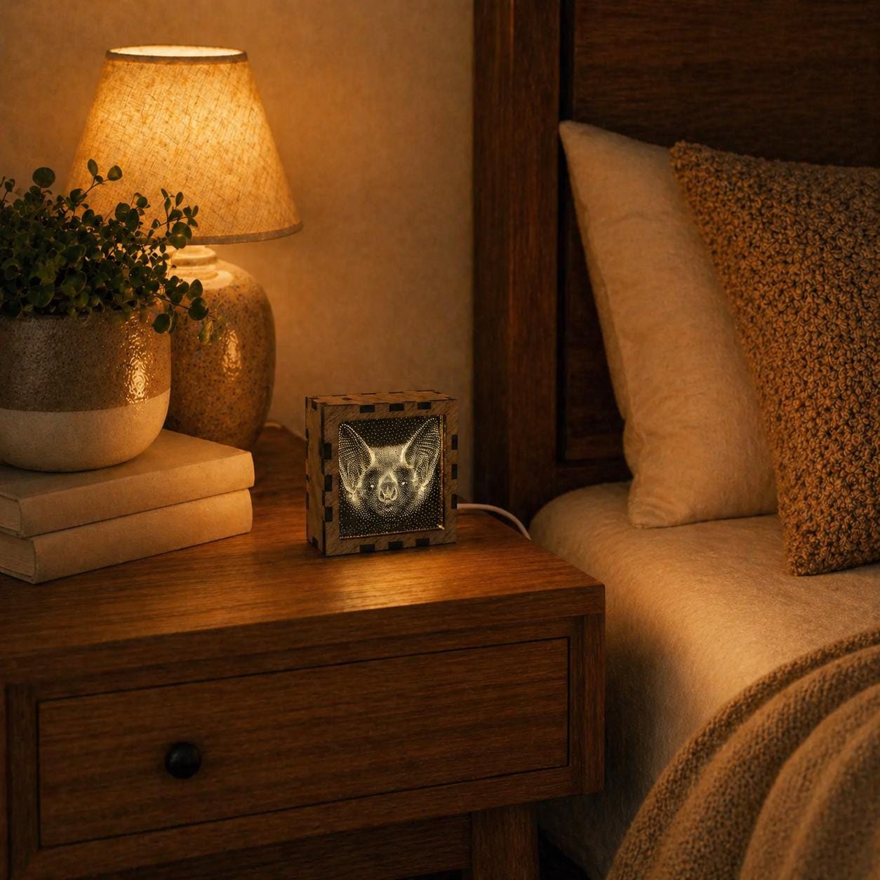 Bat Night Light | Nocturnal Animal Range | Stipple Art Mood Lamp | Wooden USB Bedside Light