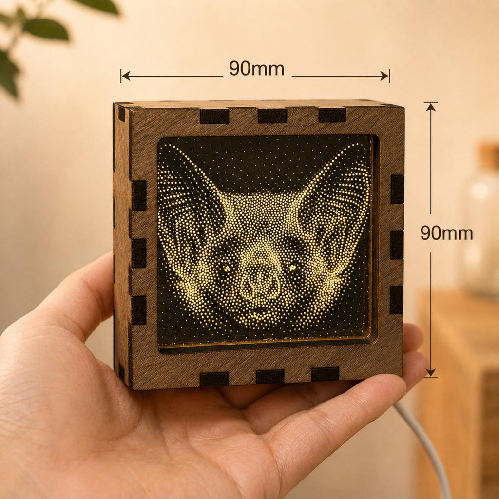 Bat Night Light | Nocturnal Animal Range | Stipple Art Mood Lamp | Wooden USB Bedside Light