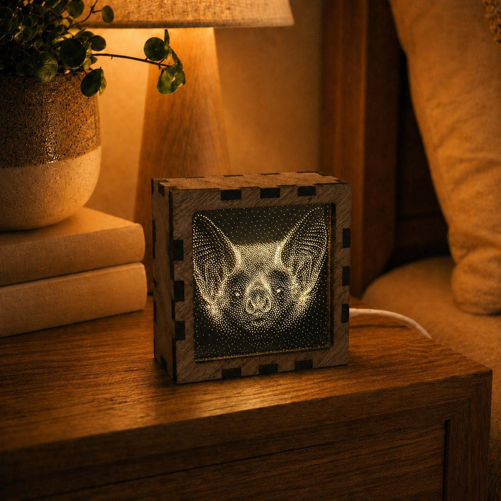 Bat Night Light | Nocturnal Animal Range | Stipple Art Mood Lamp | Wooden USB Bedside Light