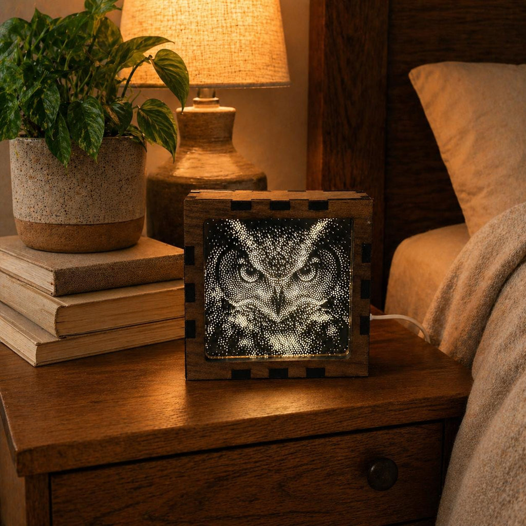 Owl Night Light | Nocturnal Animal Range | Stipple Art Mood Lamp | Wooden USB Bedside Light