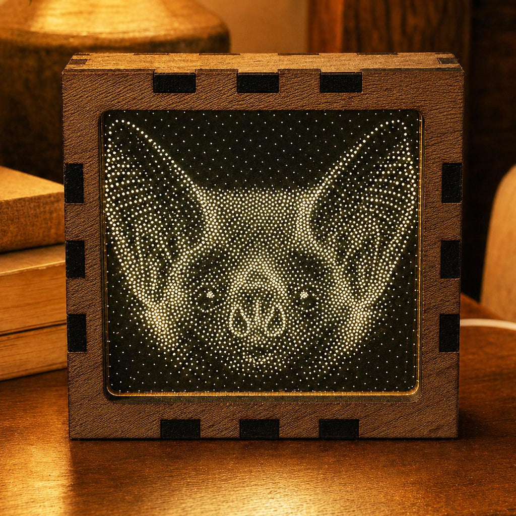 Bat Night Light | Nocturnal Animal Range | Stipple Art Mood Lamp | Wooden USB Bedside Light